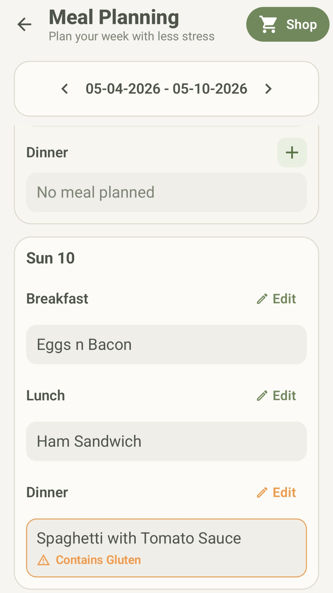 My Kitchen Pantry meal planning screen