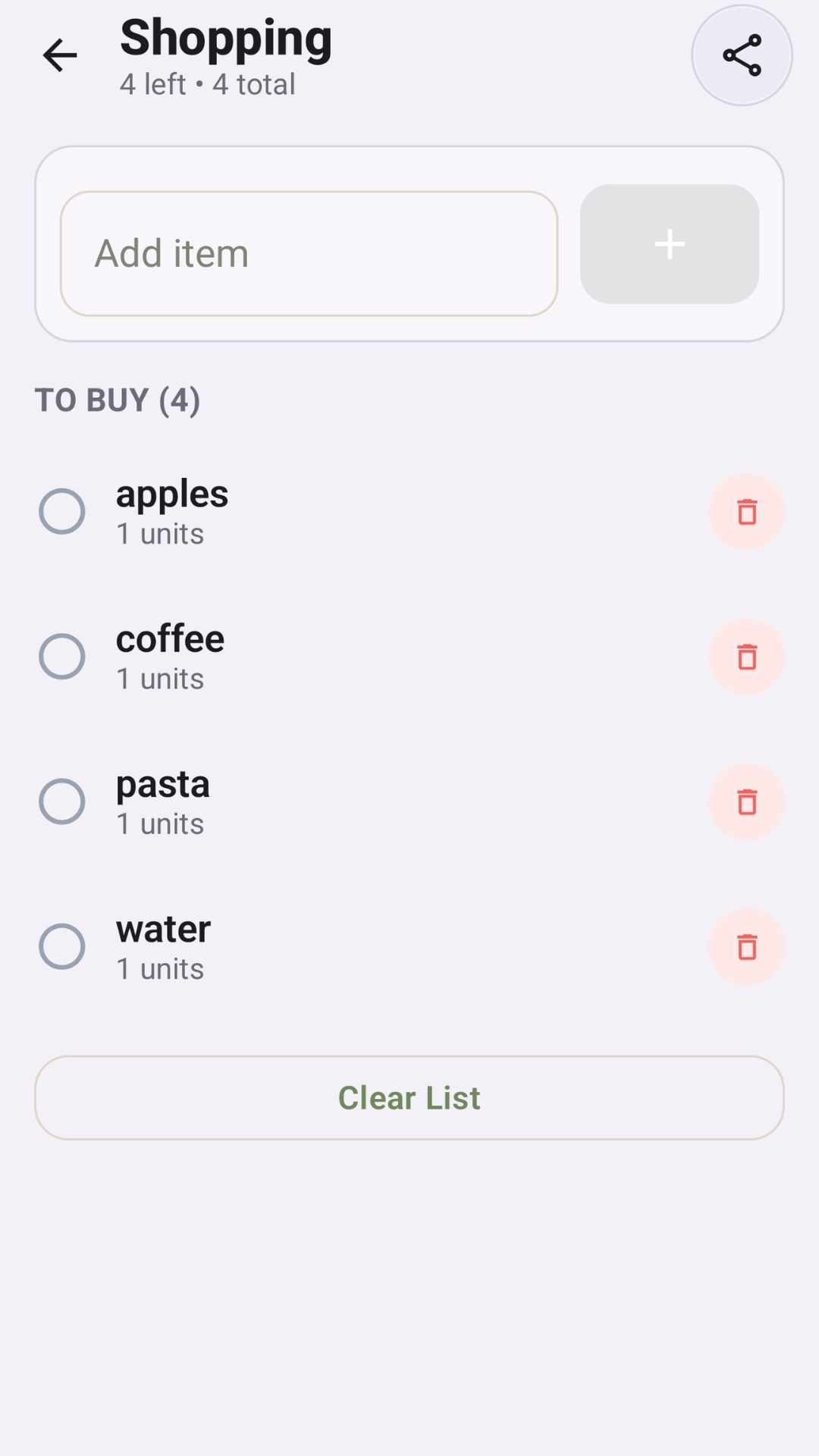 My Kitchen Pantry shopping list screen